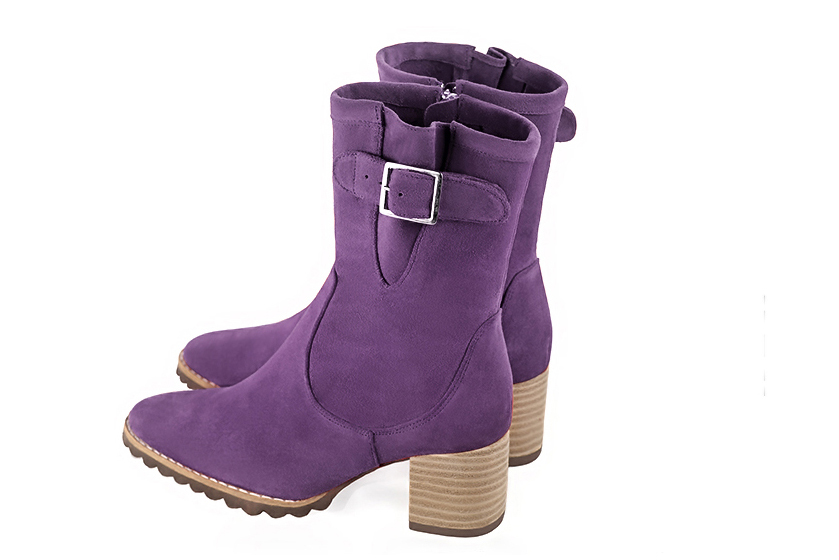 Amethyst purple women's ankle boots with buckles on the sides. Round toe. Medium block heels. Rear view - Florence KOOIJMAN